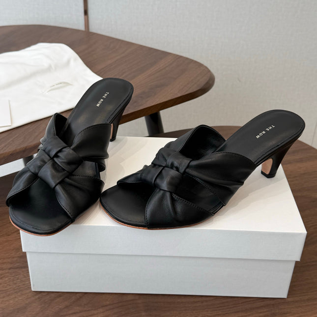 THE ROW 26S KNOT HEELED SLIDE SANDALS 35MM IN BLACK LAMBSKIN