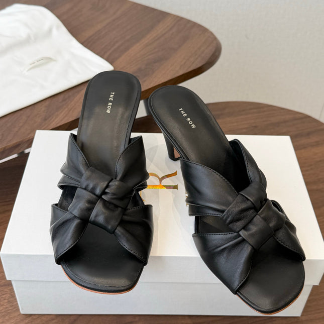 THE ROW 26S KNOT HEELED SLIDE SANDALS 35MM IN BLACK LAMBSKIN