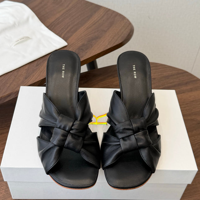 THE ROW 26S KNOT HEELED SLIDE SANDALS 35MM IN BLACK LAMBSKIN