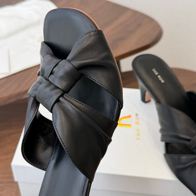 THE ROW 26S KNOT HEELED SLIDE SANDALS 35MM IN BLACK LAMBSKIN