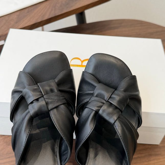 THE ROW 26S KNOT HEELED SLIDE SANDALS 35MM IN BLACK LAMBSKIN