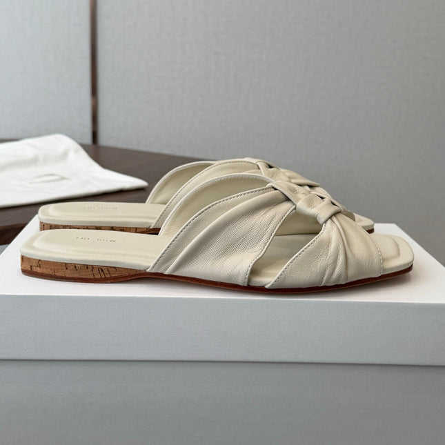 THE ROW 26S KNOT SLIDE SANDALS IN IVORY WHITE LAMBSKIN