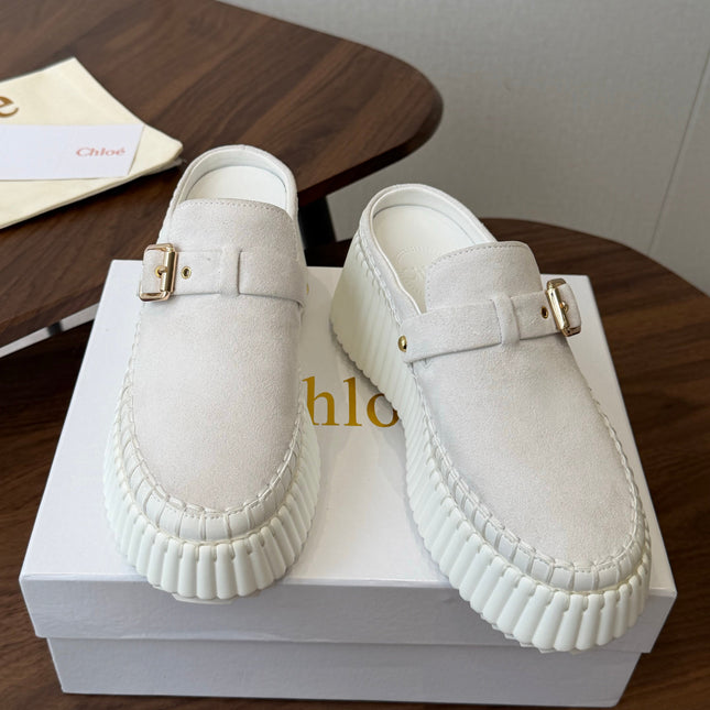 CHLOE 26S PLATFORM MULES IN WHITE SUEDE