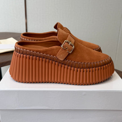 CHLOE 26S PLATFORM MULES IN BROWN SUEDE