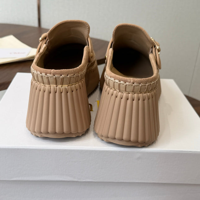 CHLOE 26S PLATFORM MULES IN NUDE BEIGE SUEDE