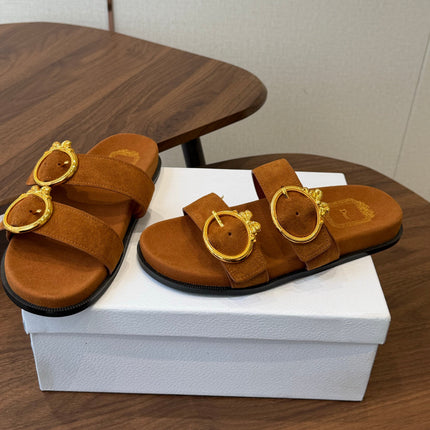 DIOR 26S MEDAILLON BUCKLE SLIDE IN CARAMEL BROWN SUEDE GOLD HARDWARE