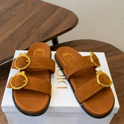 DIOR 26S MEDAILLON BUCKLE SLIDE IN CARAMEL BROWN SUEDE GOLD HARDWARE