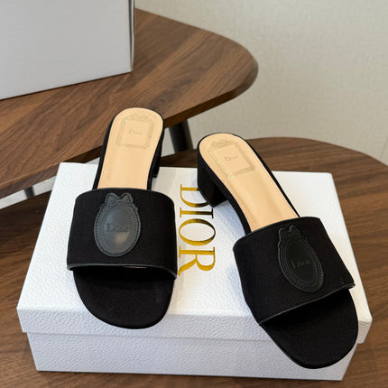 DIOR 26S D-BADGE SLIDE SANDALS IN BLACK CANVAS AND CALFSKIN