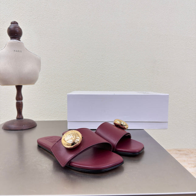 LOEWE 26S PEBBLE SLIDE IN BURGUNDY RED CALFSKIN GOLD HARDWARE