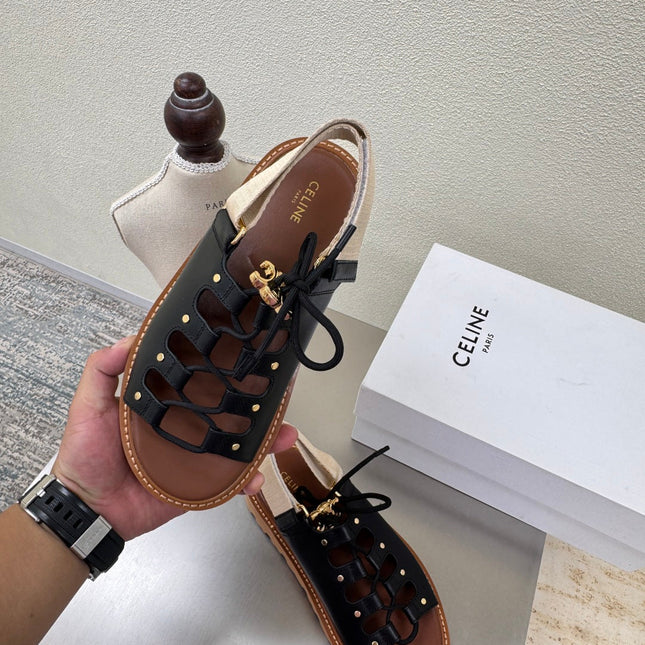 CELINE 25S BILLIE CHUNKY SANDAL IN BLACK CALFSKIN AND TEXTILE