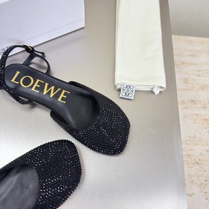 LOEWE 26S CRYSTAL-EMBELLISHED SLINGBACK FLAT PUMPS IN BLACK CALFSKIN