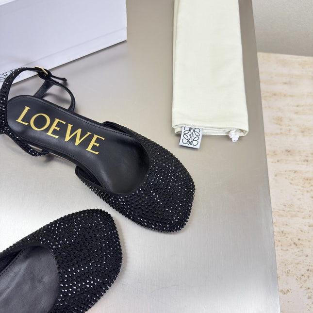 LOEWE 26S CRYSTAL-EMBELLISHED SLINGBACK FLAT PUMPS IN BLACK CALFSKIN
