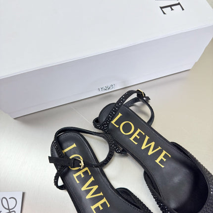 LOEWE 26S CRYSTAL-EMBELLISHED SLINGBACK FLAT PUMPS IN BLACK CALFSKIN
