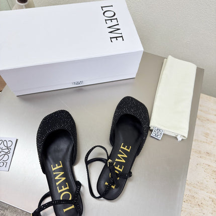 LOEWE 26S CRYSTAL-EMBELLISHED SLINGBACK FLAT PUMPS IN BLACK CALFSKIN