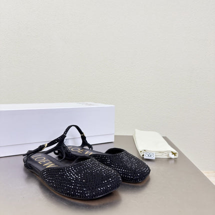 LOEWE 26S CRYSTAL-EMBELLISHED SLINGBACK FLAT PUMPS IN BLACK CALFSKIN