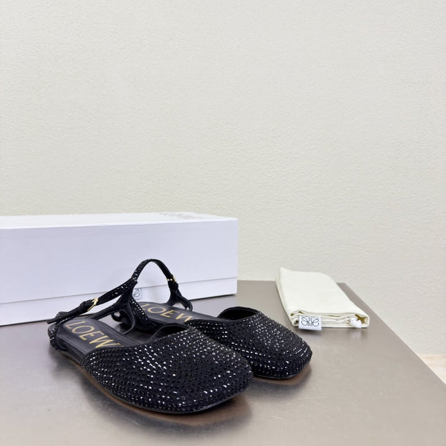 LOEWE 26S CRYSTAL-EMBELLISHED SLINGBACK FLAT PUMPS IN BLACK CALFSKIN