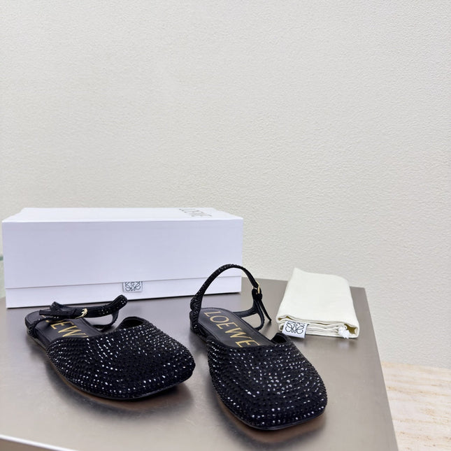 LOEWE 26S CRYSTAL-EMBELLISHED SLINGBACK FLAT PUMPS IN BLACK CALFSKIN