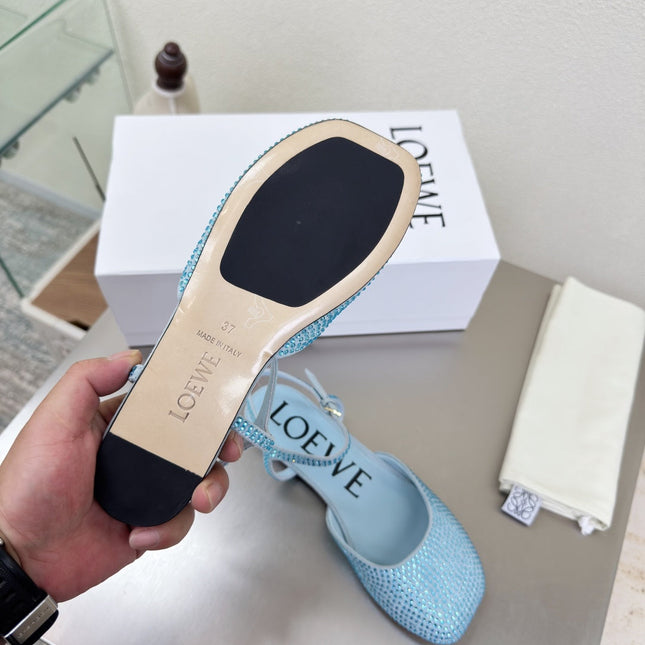 LOEWE 26S CRYSTAL-EMBELLISHED SLINGBACK FLAT PUMPS IN LIGHT BLUE CALFSKIN