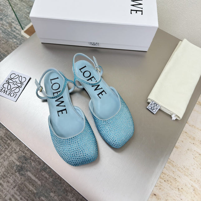 LOEWE 26S CRYSTAL-EMBELLISHED SLINGBACK FLAT PUMPS IN LIGHT BLUE CALFSKIN