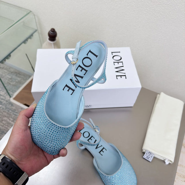 LOEWE 26S CRYSTAL-EMBELLISHED SLINGBACK FLAT PUMPS IN LIGHT BLUE CALFSKIN