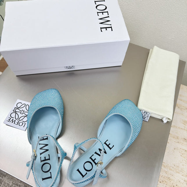 LOEWE 26S CRYSTAL-EMBELLISHED SLINGBACK FLAT PUMPS IN LIGHT BLUE CALFSKIN