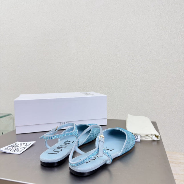 LOEWE 26S CRYSTAL-EMBELLISHED SLINGBACK FLAT PUMPS IN LIGHT BLUE CALFSKIN