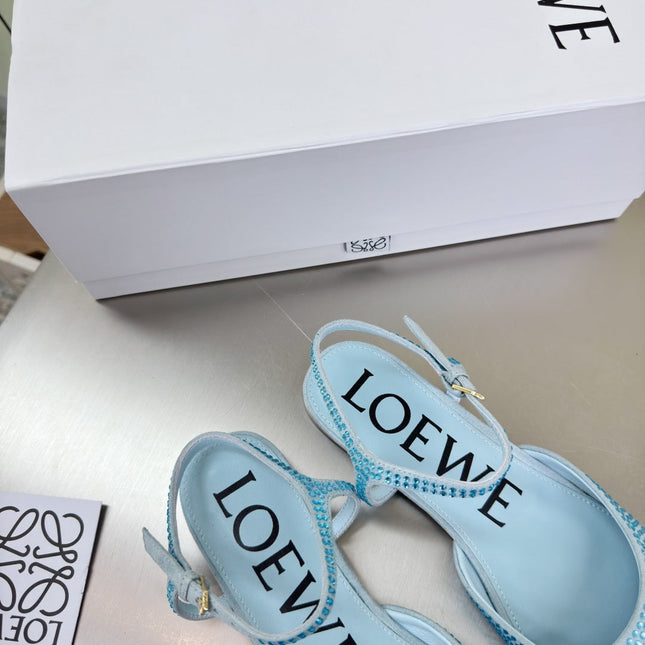 LOEWE 26S CRYSTAL-EMBELLISHED SLINGBACK FLAT PUMPS IN LIGHT BLUE CALFSKIN