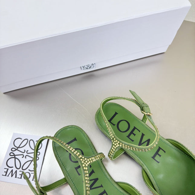 LOEWE 26S CRYSTAL-EMBELLISHED SLINGBACK FLAT PUMPS IN GREEN CALFSKIN