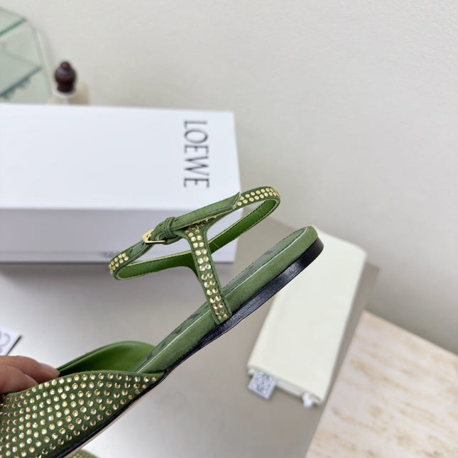 LOEWE 26S CRYSTAL-EMBELLISHED SLINGBACK FLAT PUMPS IN GREEN CALFSKIN