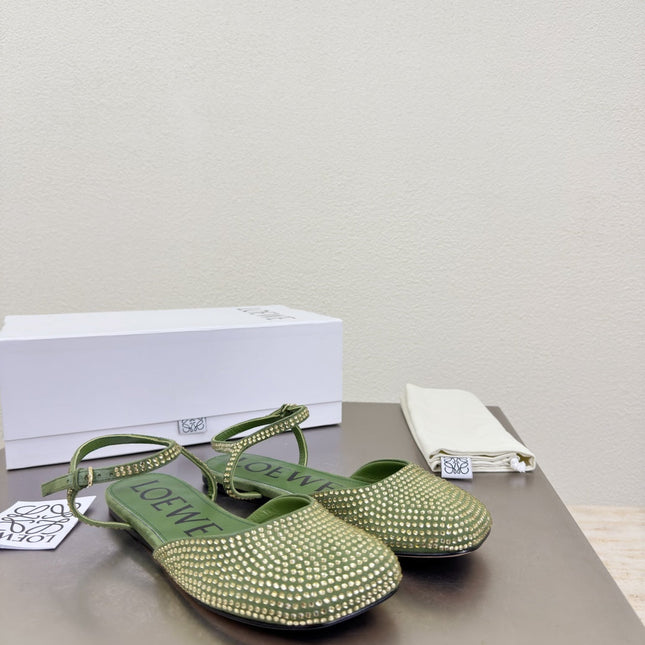 LOEWE 26S CRYSTAL-EMBELLISHED SLINGBACK FLAT PUMPS IN GREEN CALFSKIN