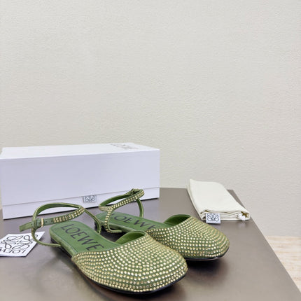LOEWE 26S CRYSTAL-EMBELLISHED SLINGBACK FLAT PUMPS IN GREEN CALFSKIN