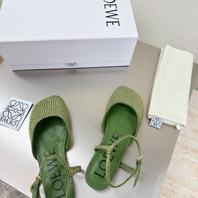 LOEWE 26S CRYSTAL-EMBELLISHED SLINGBACK FLAT PUMPS IN GREEN CALFSKIN
