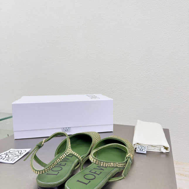 LOEWE 26S CRYSTAL-EMBELLISHED SLINGBACK FLAT PUMPS IN GREEN CALFSKIN