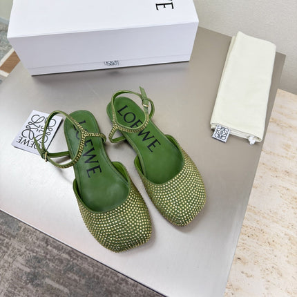 LOEWE 26S CRYSTAL-EMBELLISHED SLINGBACK FLAT PUMPS IN GREEN CALFSKIN