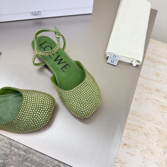 LOEWE 26S CRYSTAL-EMBELLISHED SLINGBACK FLAT PUMPS IN GREEN CALFSKIN