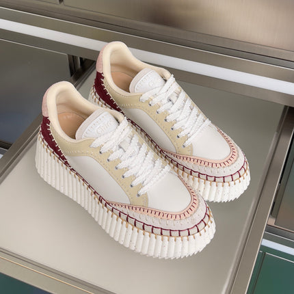CHLOÉ 26S WEDGE SNEAKERS 70 MM IN WHITE CALFSKIN AND DARK RED SUEDE