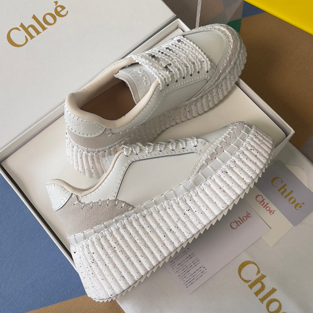 CHLOÉ 26S WEDGE SNEAKERS 70 MM IN WHITE CALFSKIN