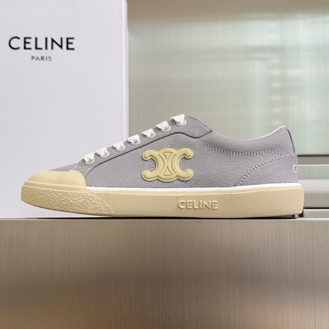 CELINE 26S LACE-UP SNEAKERS IN LIGHT GRAY CANVAS