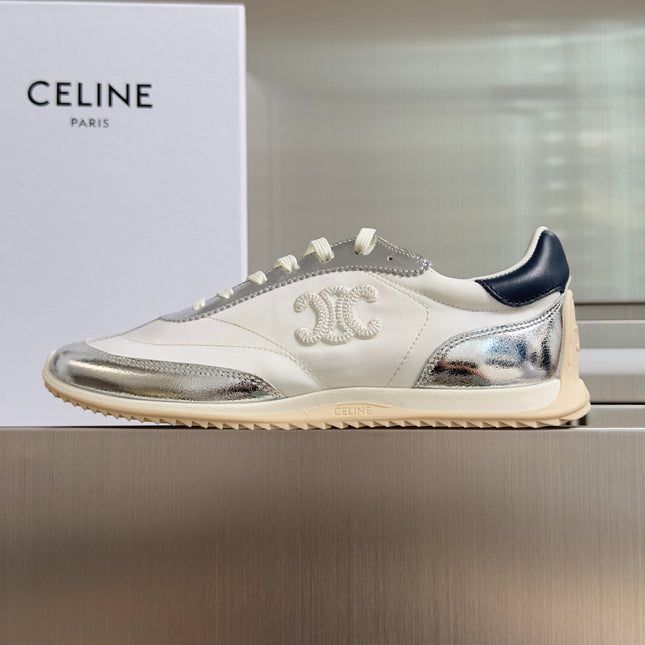 CELINE 26S RACER SNEAKERS IN WHITE FABRIC AND SILVER CALFSKIN