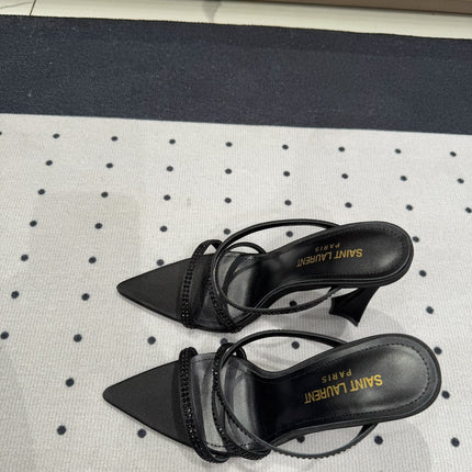 HIGH CRYSTAL STRAP SANDALS IN BLACK SILK