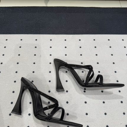 HIGH CRYSTAL STRAP SANDALS IN BLACK SILK