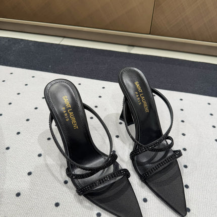 HIGH CRYSTAL STRAP SANDALS IN BLACK SILK