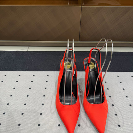 L'ENTRACTE SLINGBACK PUMPS IN RED SATIN