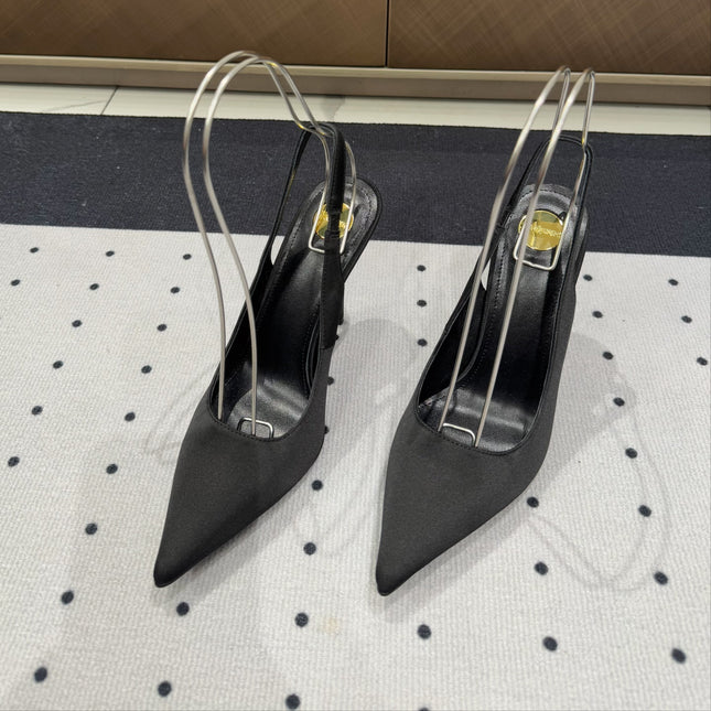 L'ENTRACTE SLINGBACK PUMPS IN BLACK SATIN