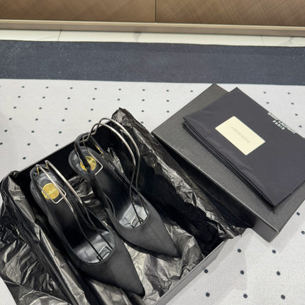 L'ENTRACTE SLINGBACK PUMPS IN BLACK SATIN