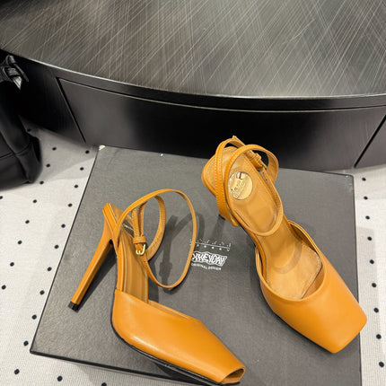 YSL 26S SQUARE-TOE HIGH HEELS 105 MM IN OCHRE YELLOW CALFSKIN