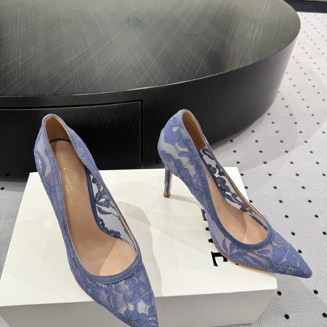 GIANVITO ROSSI 26S HIGH HEELS 105 MM IN PERIWINKLE BLUE LACE FABRIC