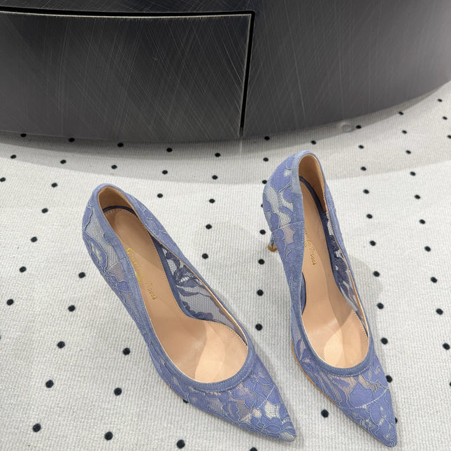 GIANVITO ROSSI 26S HIGH HEELS 105 MM IN PERIWINKLE BLUE LACE FABRIC