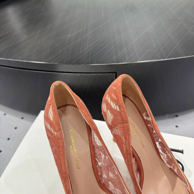 GIANVITO ROSSI 26S HIGH HEELS 105 MM IN PEACH ORANGE LACE FABRIC