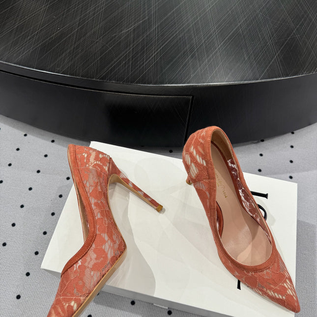 GIANVITO ROSSI 26S HIGH HEELS 105 MM IN PEACH ORANGE LACE FABRIC